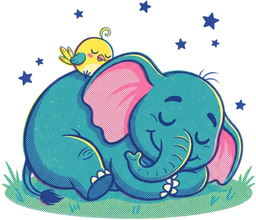 Elephant asleep on the grass with Pip resting on his head under the stars