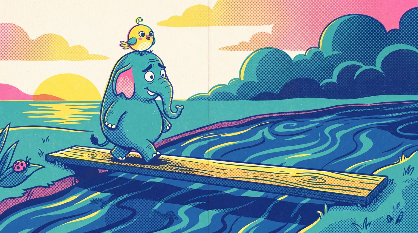 A page from Ba-Boom Goes Elephant's Heart. Somewhere on it, Dot the ladybug is hiding.