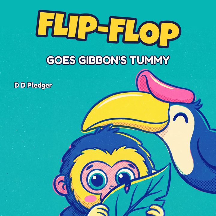 Flip-Flop Goes Gibbon's Tummy: a shy gibbon peeking from behind a leaf next to a big hornbill