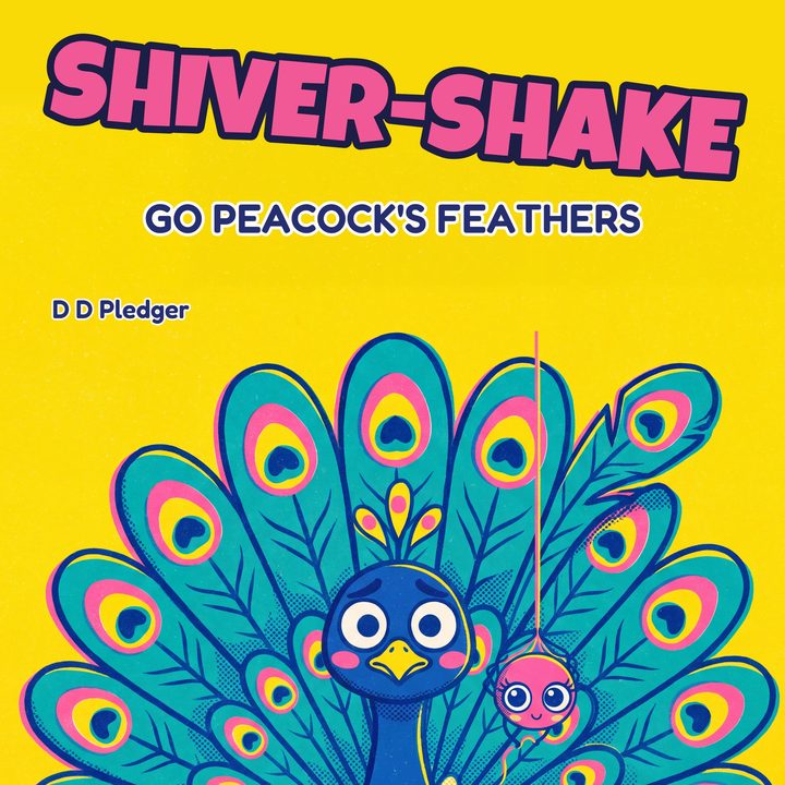 Shiver-Shake Go Peacock's Feathers: a blue peacock with his tail spread and a pink spider